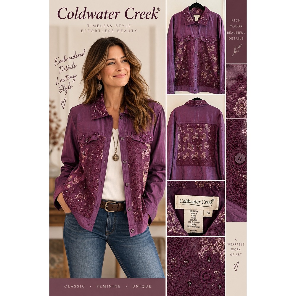 Coldwater Creek 2X Silk Embellished Jacket Plum Boho Luxe Romantic Artsy